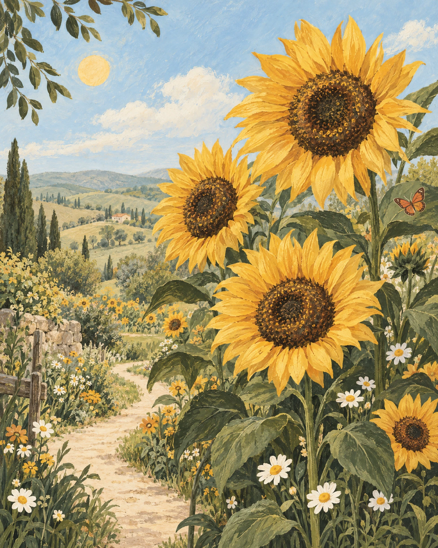 Original hand-painted sunflower garden with a winding path and warm golden blooms